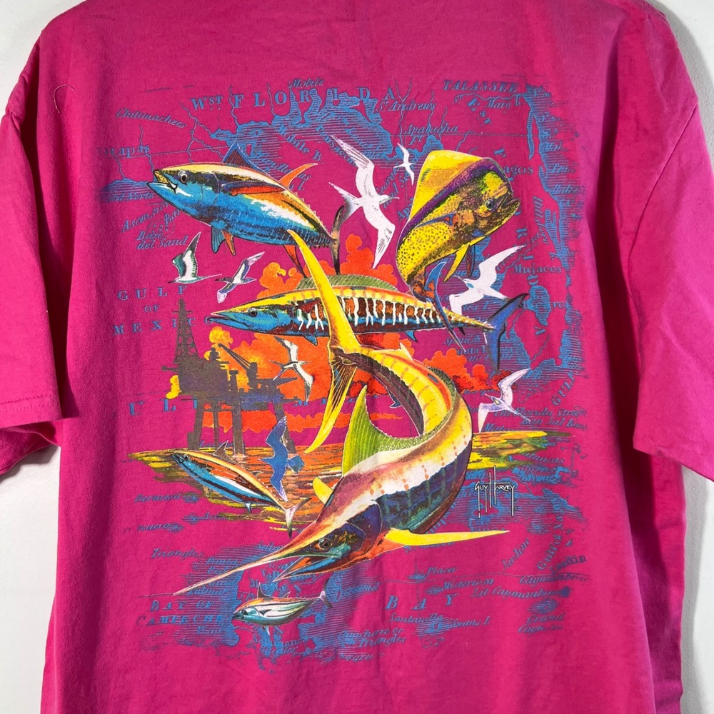 Guy Harvey Mens Pink Fishing Graphic Pocket T-Shirt West Florida Map Size L - Picture 3 of 8